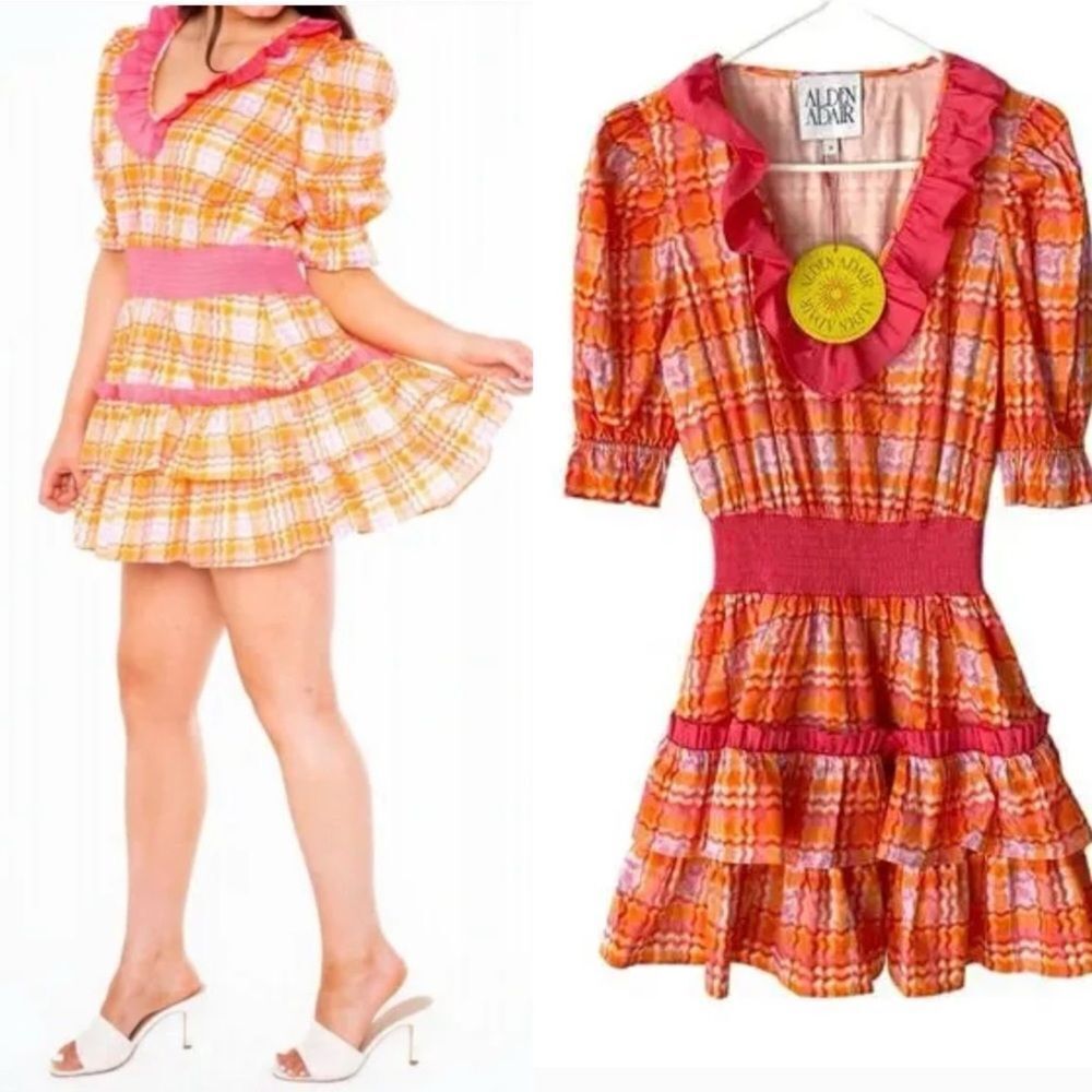 NEW Alden Adair Kelsey Pink Orange Retro Plaid Ruffle Mini Cotton Dress S